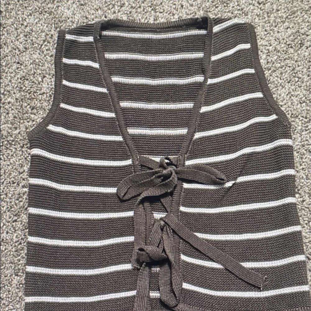 Free People Brown and White Striped Tie-Front V-Neck Sweater Vest